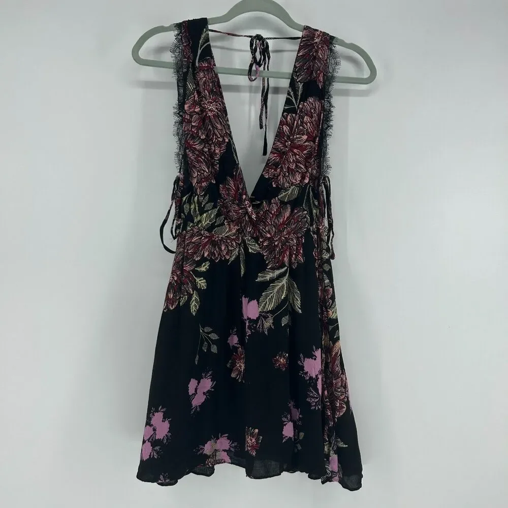Intimately Free People Marnie V-Neck Mini Dress Women’s S Black Floral Tie Side